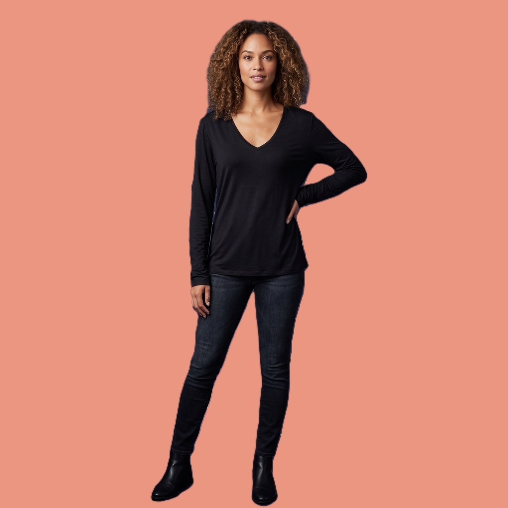 LEL Long Elegant Legs Tall Womens Black V-Neck Long Sleeve Top Size
